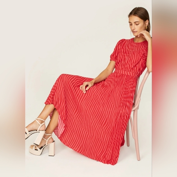 Toccin Elyse Striped Pleated Pink Midi Spring Wedding Formal Dress‎ Size 14 - Picture 3 of 11